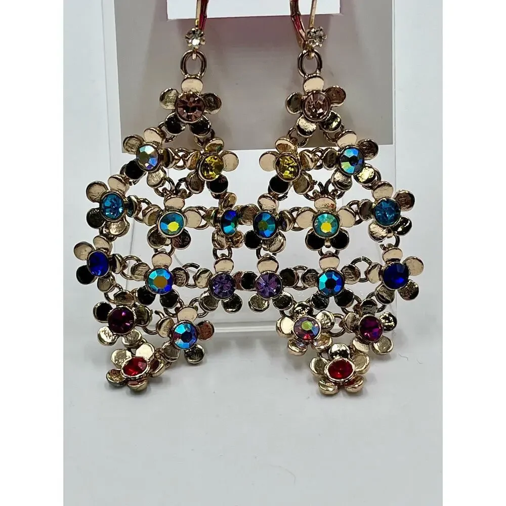 Betsey Johnson Gold Tone Love Fest Flower & Crystal Chandelier Drop Earrings New